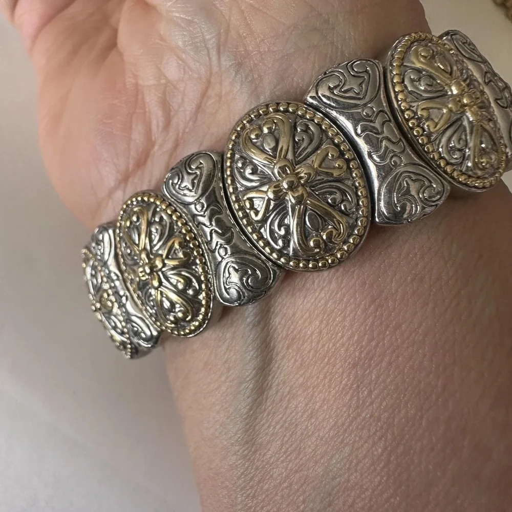 Silver Tone Gold‎ Cross Panel Bangle Bracelet Womens 8 Inch Religious Statement
